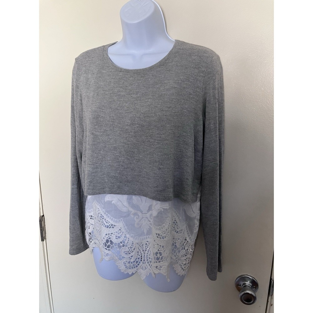 Generation Love Lace Hem Modal Silk Blend Small Grey White Top Romantic Chic